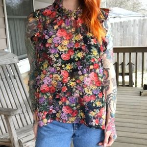 Sheer floral high collar tank top